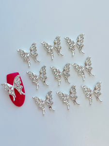 Long Rhinestone Butterfly Silver Nail Charms