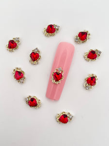 Red Heart Gold Rim Alloy Nail Charms-10 Pieces