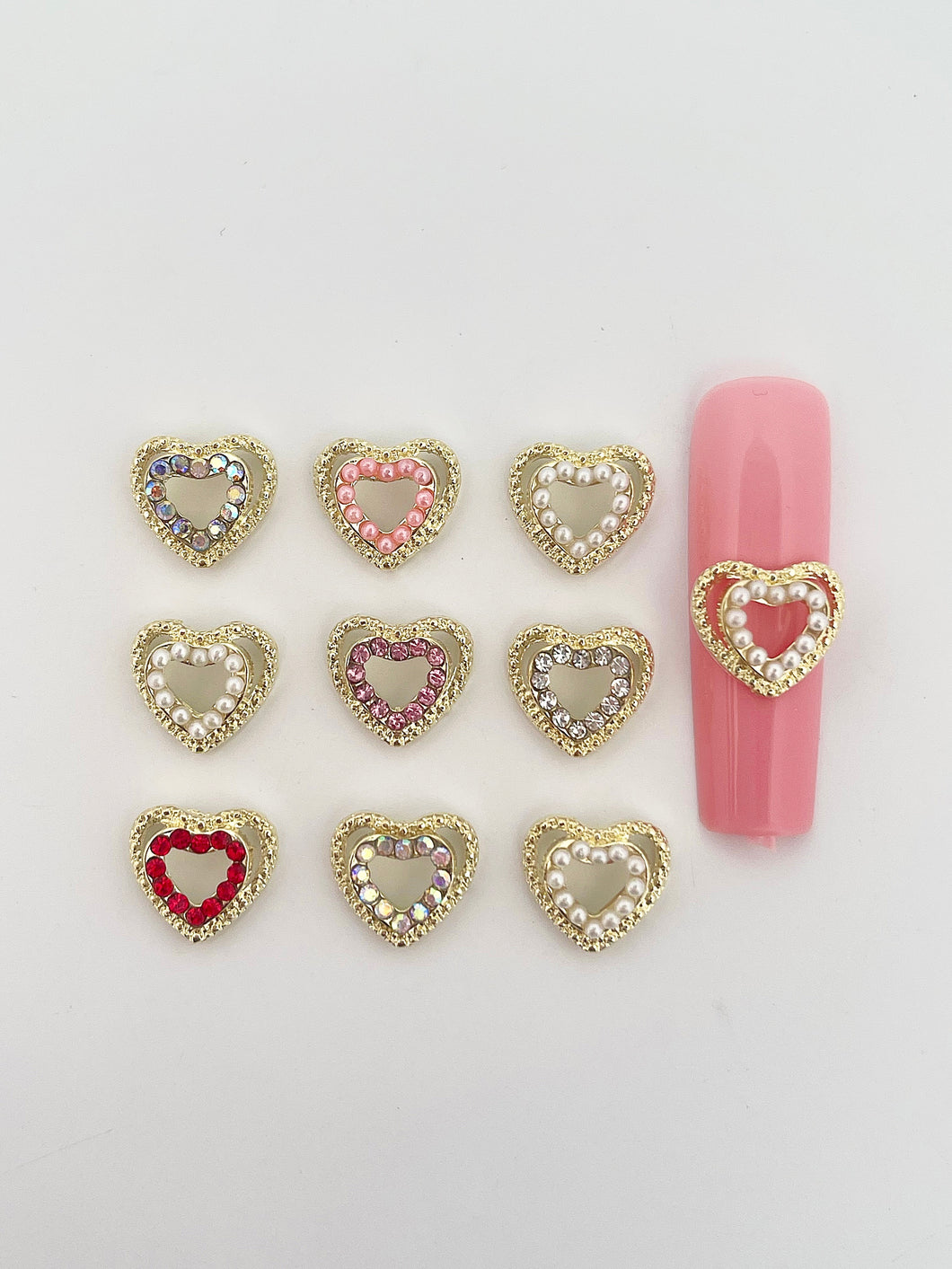 Mixed Pearl Heart Nail Charms- 10 pieces
