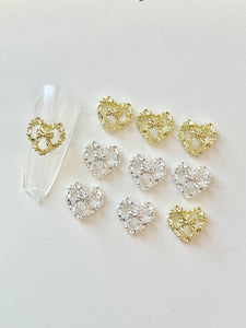 10pcs Gold & Silver Heart with Bow Nail Charm