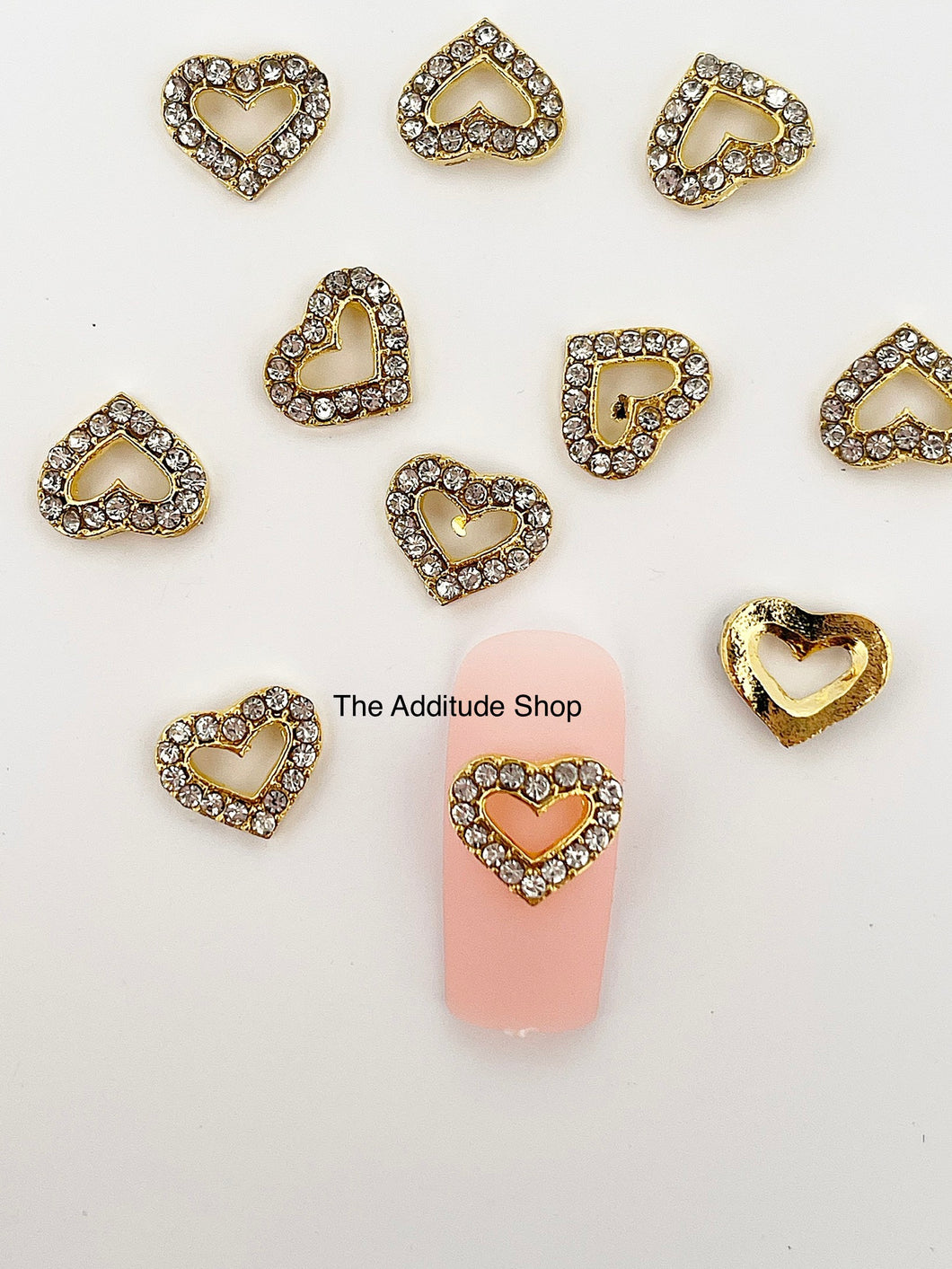 New Rhinestone Gold Heart Nail Charms (10 Pieces)