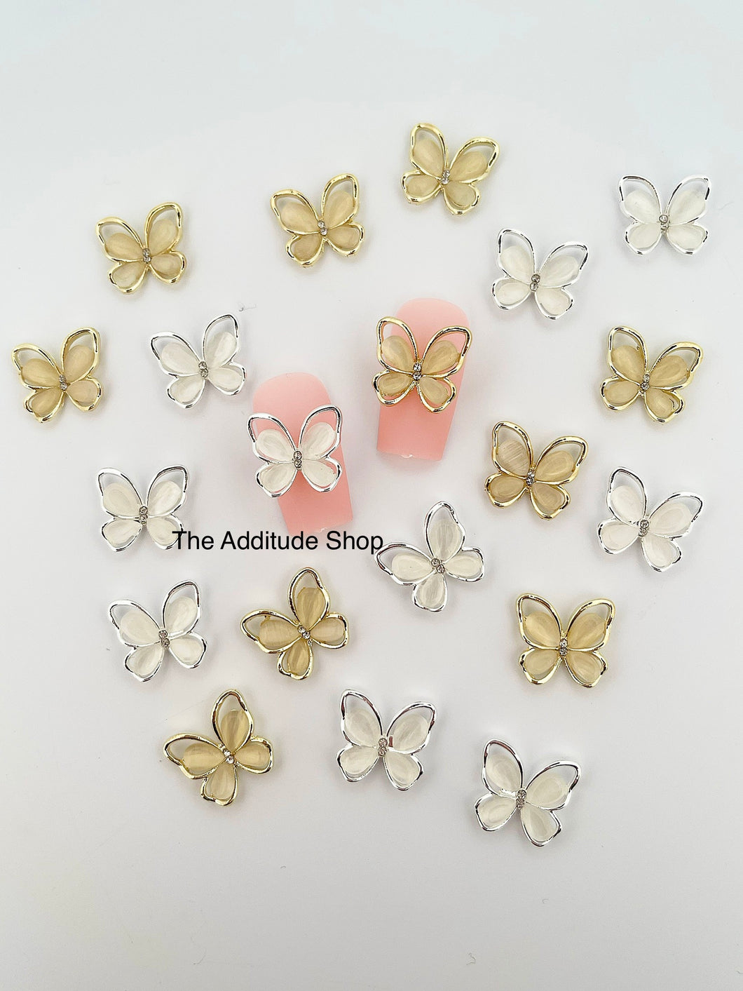 Gold & White Butterfly Nail 3D Charms-10 pieces