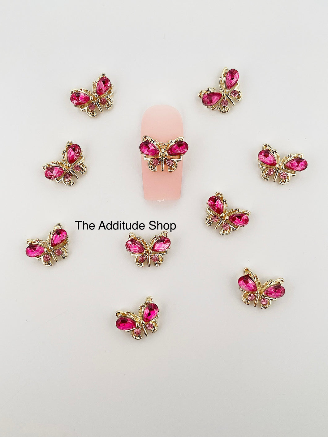 10 Pieces Dark Pink Rhinestone Butterfly Nail 3D Charms