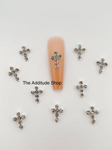 Silver Rhinestone Crosses 10 Pieces 3D Nail Charms