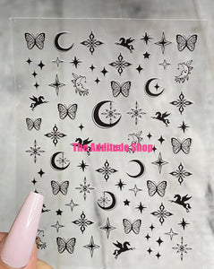Black Half Moon Butterfly Unicorn Nail Stickers