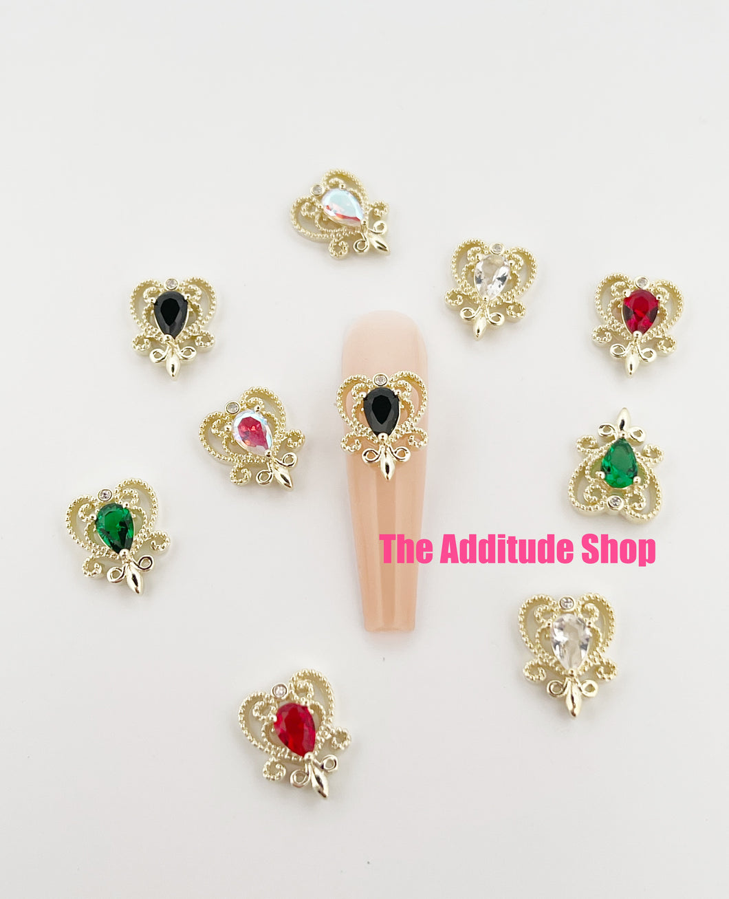 Mixed Colors Vintage Heart Rhinestone Nail Alloy Charms-10 Pieces