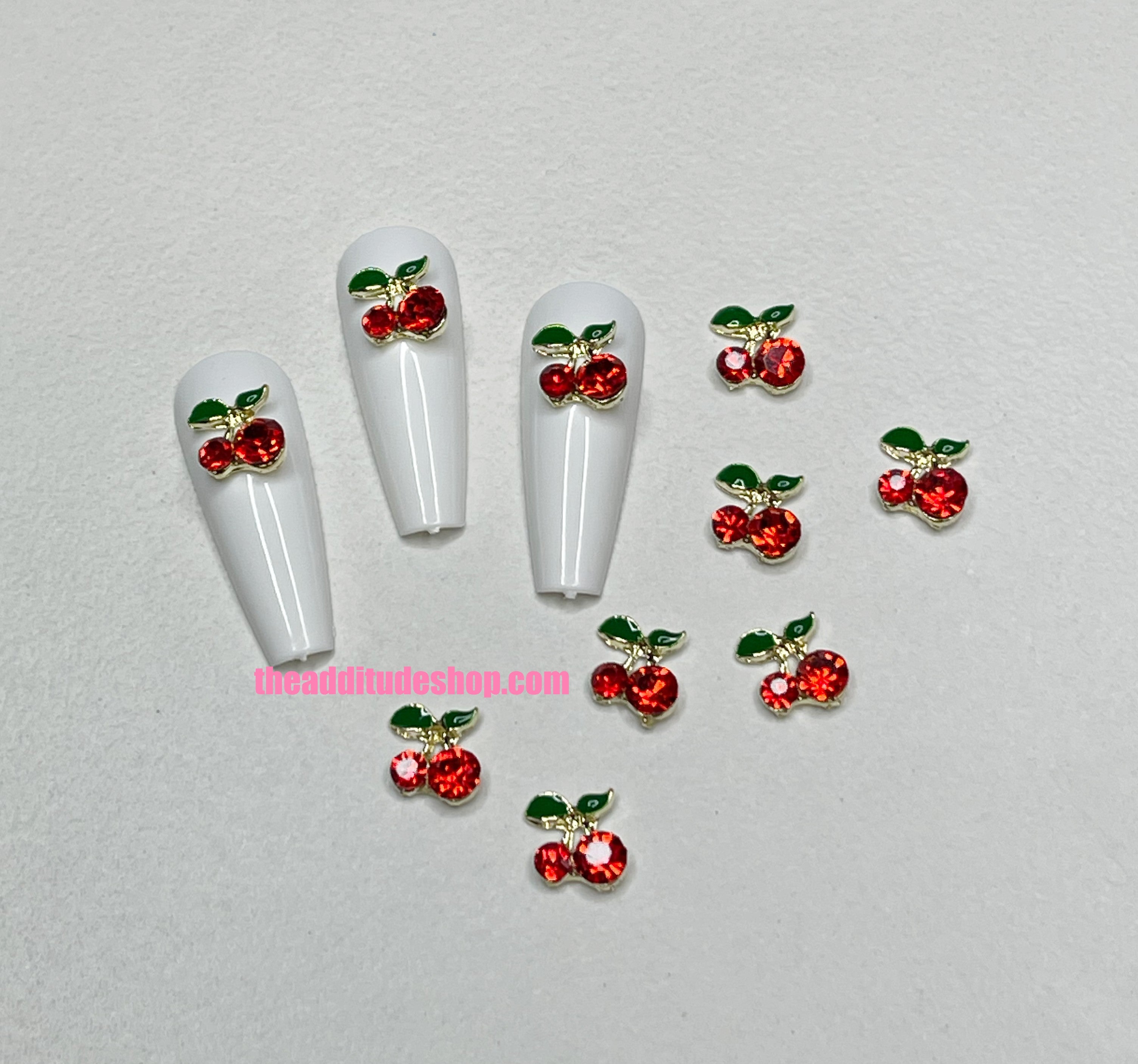 20pcs Cherry Nail Charms 3D Red Cherries Shiny Alloy Metal Nail Jewlery  Rhinestones Crystal Press On Tips Decorations