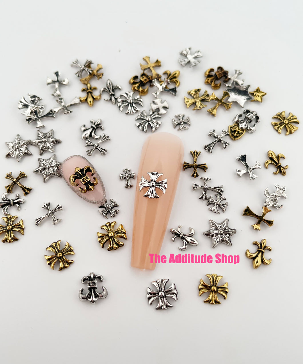 Chrome Gold & Silver Hearts Cross Nail Charms-50 Pieces