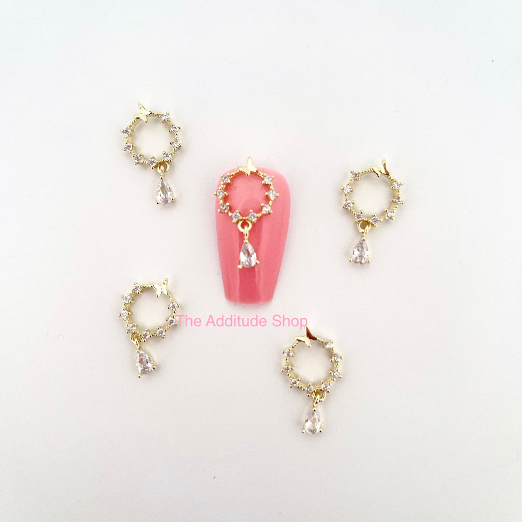 Round dangling with butterfly 3D Zircon Nail Charms #1 (5 Pieces)
