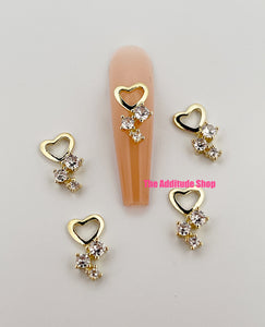 Gold Heart with 3 Rhinestones Zircon 3D Nail Charms (5 Pieces)